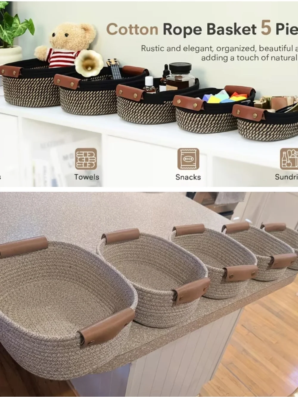 5 PIECE SET NEUTRAL LINEN WOVEN  STORAGE  BASKETS with FAUX LEATHER  HANDLES NIB